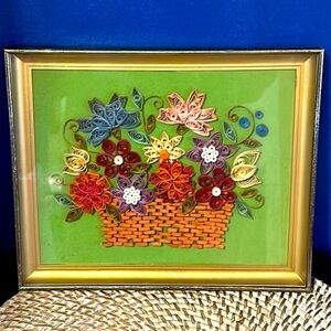 Vintage Framed Handmade Floral Rolled Quilling Paper Art 9” x 11”